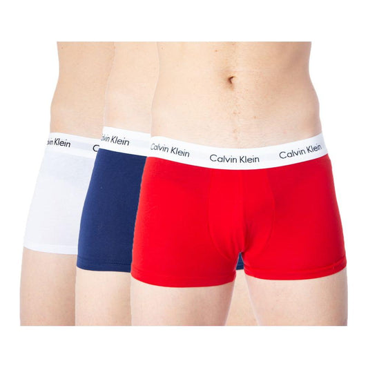 Calvin Klein Underwear pack of 3 men's boxer shorts in red, white, and blue with logo waistband, cotton blend for comfort and fit.