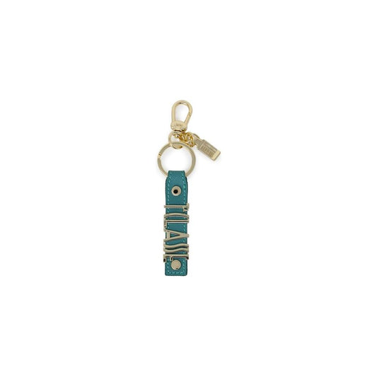 Alviero Martini Prima Classe green leather keychain for women, featuring metal accents. Autumn/Winter collection, dimensions 8.5x2x0.2 cm.
