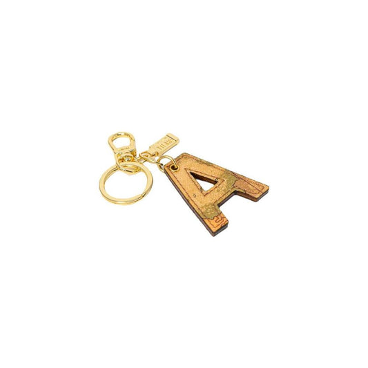 Alviero Martini Prima Classe beige leather keychain with letter A design, featuring gold-tone hardware and unique map pattern.