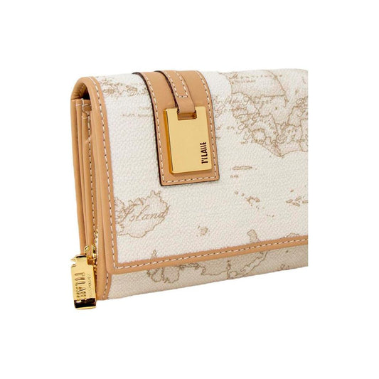 Alviero Martini Prima Classe women's white leather wallet with gold accents, fall/winter collection, featuring geographic pattern.