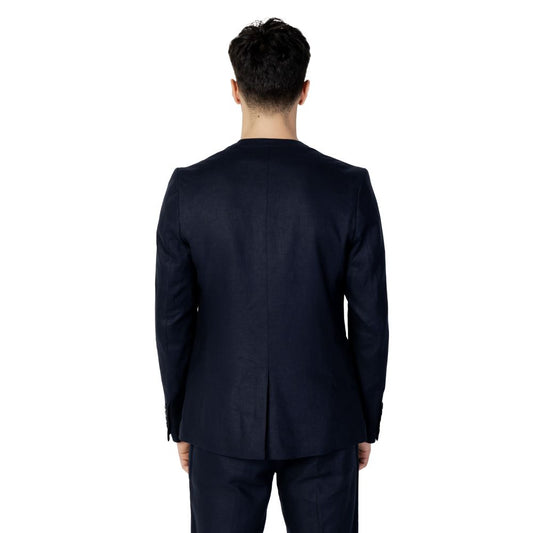 Back view of Antony Morato Blue Linen Blazer showcasing slim fit design for formal occasions.