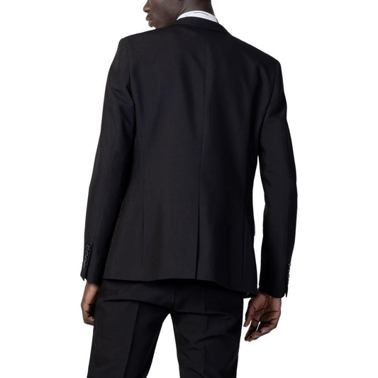 Back view of Antony Morato black polyester suit jacket showcasing slim fit and quality design for formal occasions.