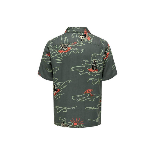 Back view of Only & Sons green viscose shirt with artistic prints, perfect for casual summer occasions.
