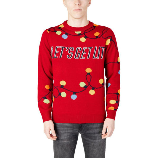 Men's red sweater by Only & Sons with colorful lights and 'Let's Get Lit' text, perfect for autumn and winter fashion.