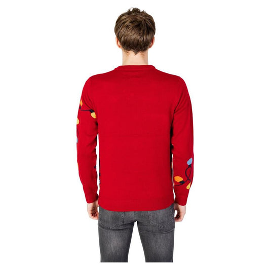 Back view of Only & Sons red men's acrylic sweater for autumn/winter collection, featuring colorful sleeve patterns.