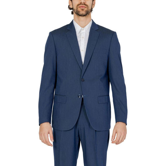Antony Morato blue polyester suit for men, featuring a spring/summer jacket with 79% polyester composition, shown on a model.