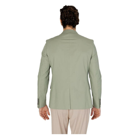 Back view of a green men's suit jacket, perfect for spring/summer, by Antony Morato. Made of cotton, modal, polyamide, and elastane.