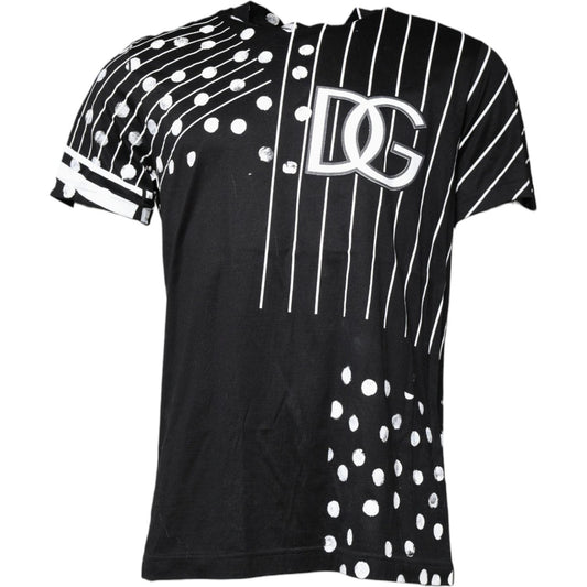 Dolce & Gabbana black cotton polka dot t-shirt with round neck and short sleeves, featuring logo details.