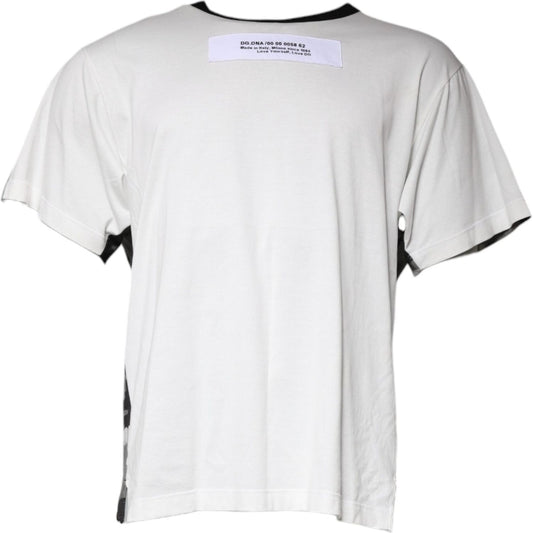 Dolce & Gabbana white camouflage cotton round neck t-shirt with minor defect visible on the front, showcasing logo details, short sleeves.