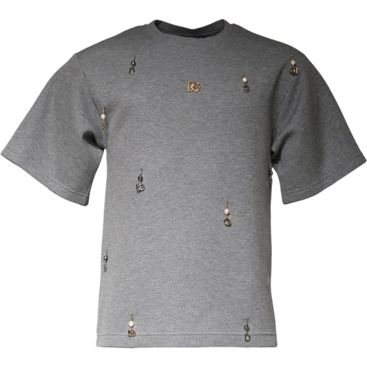 Dolce & Gabbana gray embellished cotton blend T-shirt with round neck and minor logo defect, made in Italy.