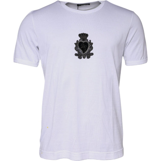 Dolce & Gabbana white cotton crew neck t-shirt with black DG heart embroidery, minor stain on front, short sleeves, made in Italy.