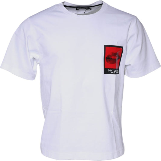 Dolce & Gabbana white T-shirt with red lips print, short sleeves, cotton blend, crew neck, made in Italy, minor stains on sleeves and back.