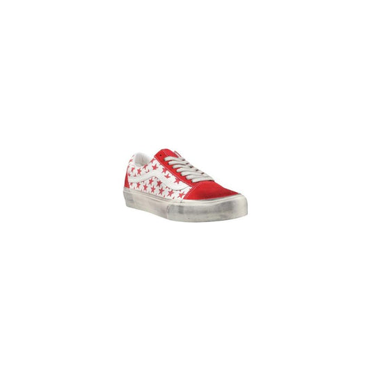 Red and white Vans sneaker with star pattern and rubber sole