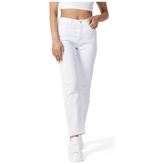 Woman wearing Only White Cotton Mom Jeans, part of the Spring/Summer collection, 99% cotton, comfortable and stylish.