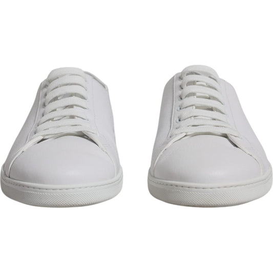 Dolce & Gabbana white Saint Tropez men's sneakers, low top leather shoes with rubber sole and lace-up closure, front view.