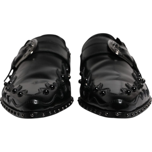 Dolce & Gabbana black embellished derby monk strap shoes, calf leather with buckle and missing stones on right shoe.