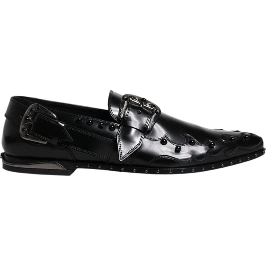 Dolce & Gabbana black embellished derby monk strap shoes with buckle closure, calf leather, and missing stones on the right shoe.