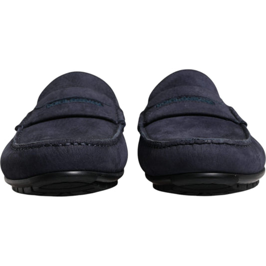 Dolce & Gabbana blue calf leather men's moccasin shoes, front view, with rubber sole and logo details, made in Italy.