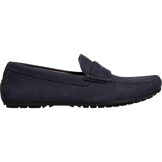 Dolce & Gabbana blue calf leather men's moccasin shoe with rubber sole, side view.