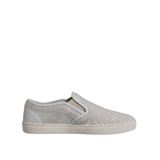 Dolce & Gabbana White Floral Lace Slip On Loafers Shoes