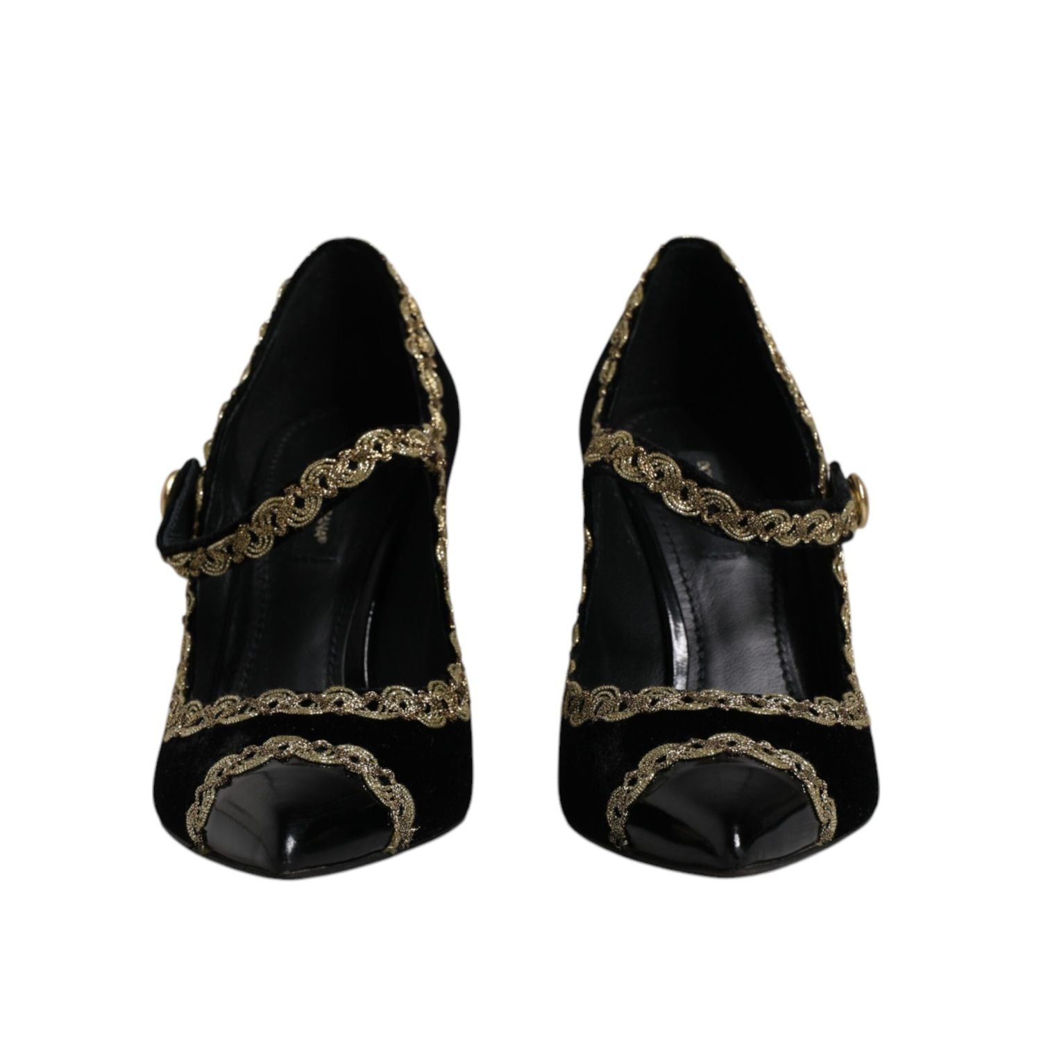 Dolce & Gabbana Black Velvet Gold Mary Janes Pumps Shoes