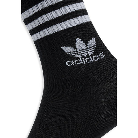 Adidas men's black cotton socks with logo, fall/winter collection, 52% cotton blend, featuring white stripes on the upper cuff.