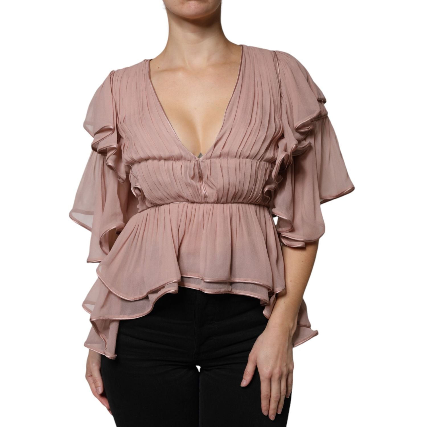 Alberta Ferretti Brown Silk Short Sleeves V-neck Pleated Top