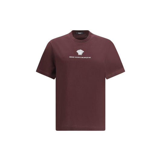 Versace cotton T-shirt with ribbed crew neck, iconic monogram, monochrome pattern, and regular fit in a sleek design.