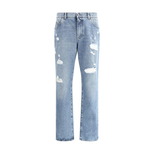 Dolce & Gabbana straight leg jeans with vintage worn-effect, mid-rise waist, and embroidered logo showcasing timeless style and comfort.