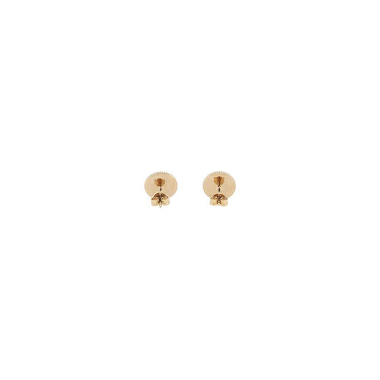 Versace gold-plated earrings with embossed Medusa head and butterfly back fastening, elegant designer jewelry.