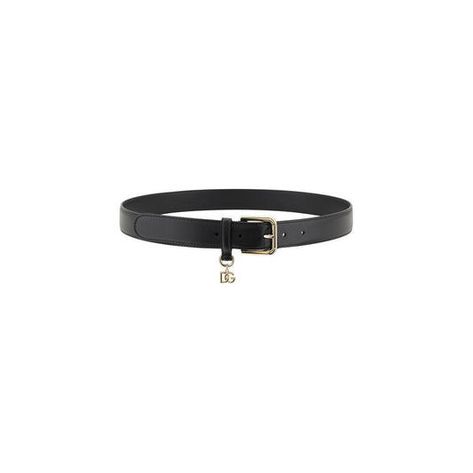 Dolce & Gabbana pendant belt with rectangular buckle and DG logo charm, elegant black leather design, ideal for a sophisticated look.