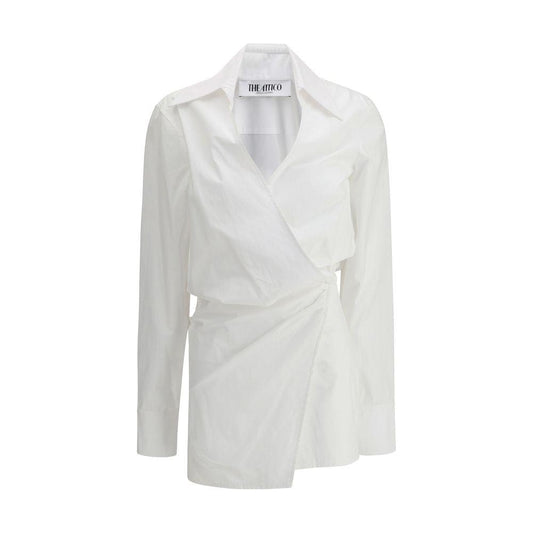 The Attico Chemisier Dress, white cotton, mini design, classic collar, deep V-neck, extra long sleeves, wrap skirt, monochrome.