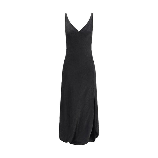 Alexander McQueen cracked finish long dress with V-neck and crinkle texture, sleeveless, elegant design with back zipper closure.