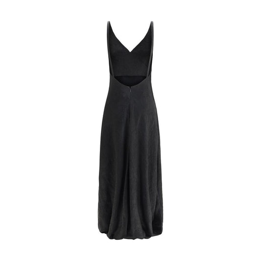 Alexander McQueen black long dress with cracked finish, sleeveless design, V-neck front, deep back neckline, and crinkle texture.