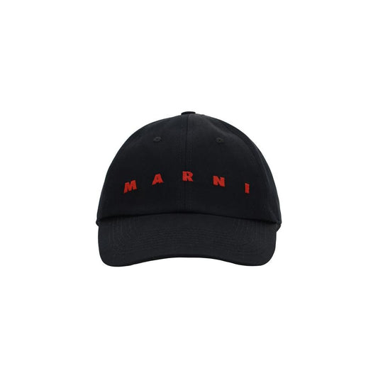 Marni cotton baseball hat with red monogram, adjustable back closure, iconic design.
