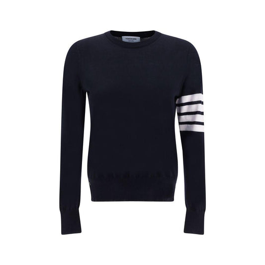 Thom Browne fleece wool sweater with ribbed crew neck, adjustable slit hem, and signature stripes on left arm, slim fit design.