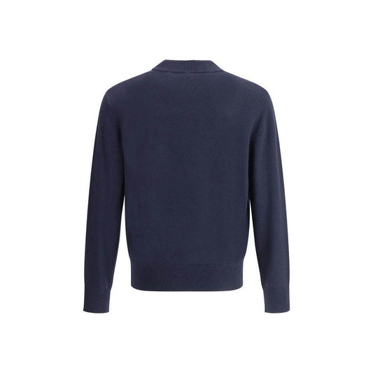Back view of navy Merino wool sweater by Sunflower with ribbed crew neck, cuffs, and hem, featuring a monochrome pattern and regular fit.
