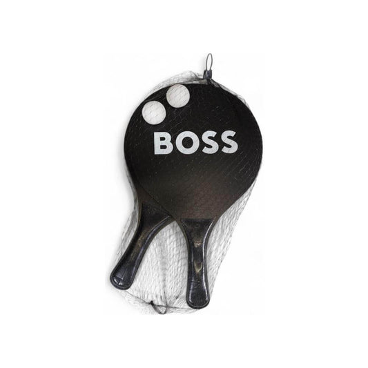 Two black Boss branded paddles and two balls in a net set.