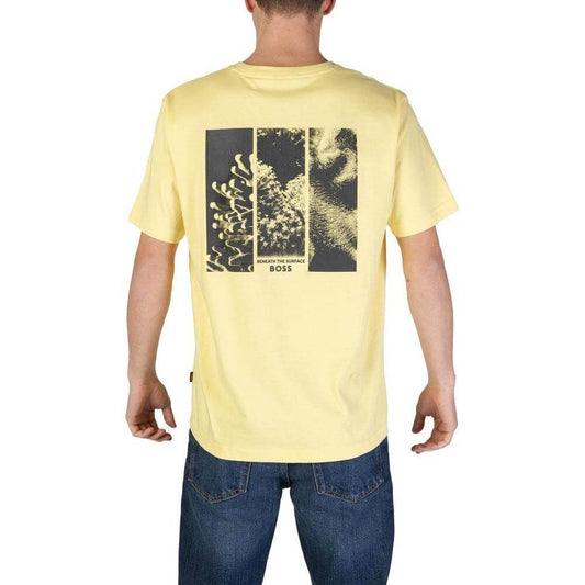 Back view of Hugo Boss yellow cotton short-sleeved men's T-shirt from Fall/Winter collection, featuring graphic design.