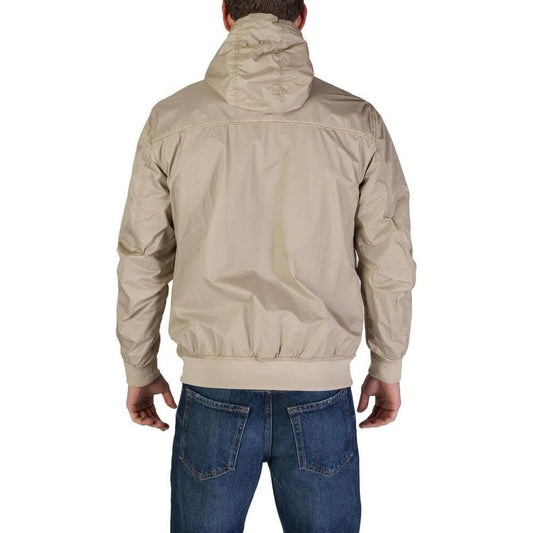 Back view of Hamaki-Ho beige nylon men’s jacket for fall/winter collection with hood, 100% nylon composition.