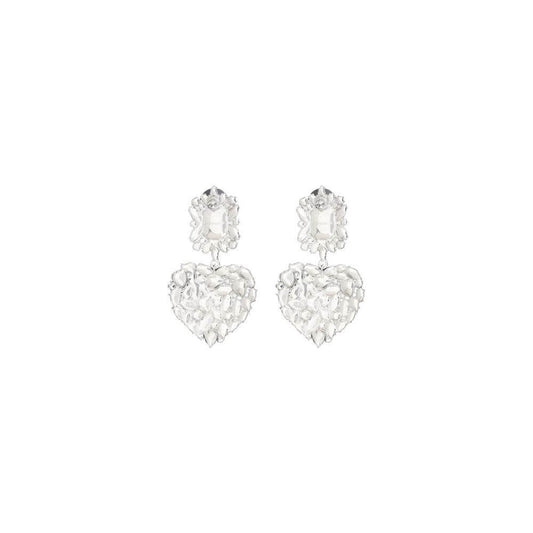 Heart-shaped dangle earrings with shiny bead embellishments by Self-Portrait. Elegant and romantic accessory for added glamour.
