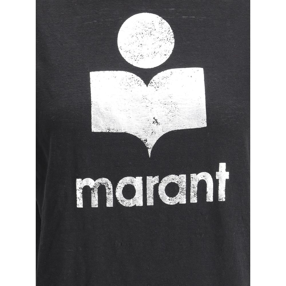 Marant Etoile Black Linen T-Shirt with iconic monogram on front, lightweight breathable design, ideal for warm weather.