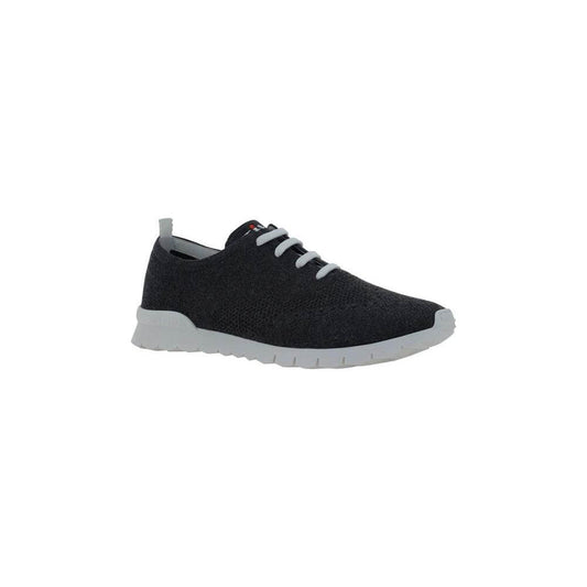 Kiton sneakers with breathable mesh, pointed toe, lace-up design, contrast print heel pull, branded insole, side view.