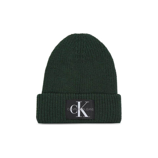 Calvin Klein Jeans green monogram beanie, 100% cotton, features ribbed design and logo, perfect winter accessory for style and warmth.
