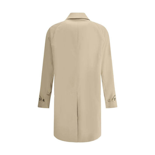Back view of Burberry cotton breasted coat with classic collar, button cuffs, and back vent.