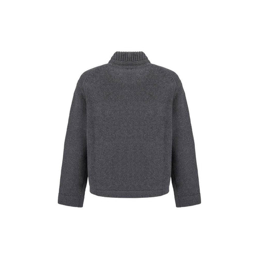 Back view of gray MCM wool cardigan with ribbed crew neck and regular fit.