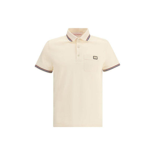 Valentino cotton polo shirt with ribbed collar, front buttons, patch pocket, and logo detail in monochrome pattern, regular fit.