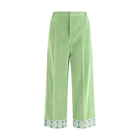 Valentino wide-leg velvet cotton pants, green with contrast hem, front zipper, side welt and back slit pockets, regular fit.