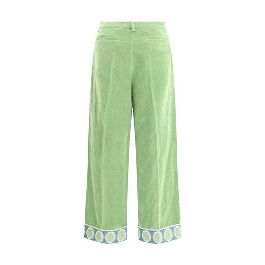 Valentino cotton velvet wide-leg pants with side and back pockets, contrast hem, regular fit, and front zipper closure.