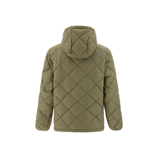 Henri Lloyd Polperro Down Jacket, olive green, featuring quilted design, drawstring hood, and brand's logo patch on sleeve, rear view.